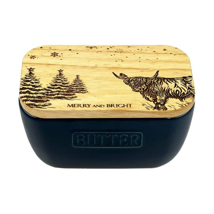 Selbrae House Blue Butter Dish - Christmas Highland Cow