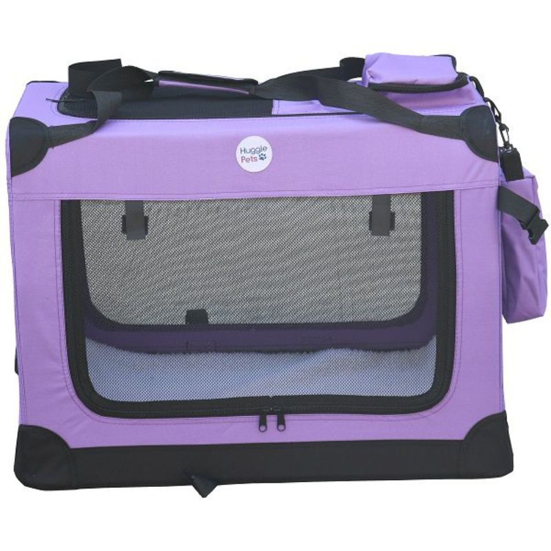 Purple pet carrier with black straps on a white background