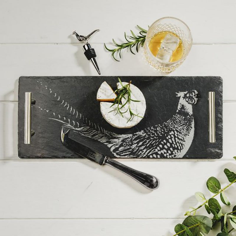 Pheasant Slate Tray, Cheese Knife & Pheasant Wine Bottle Stopper Gift Set Settings