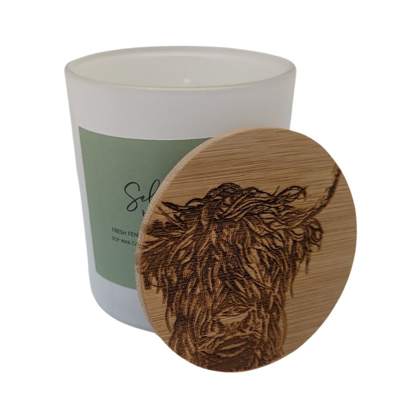 White Candle in Fresh Fennel, Patchouli & Carrot (Highland Cow) Set