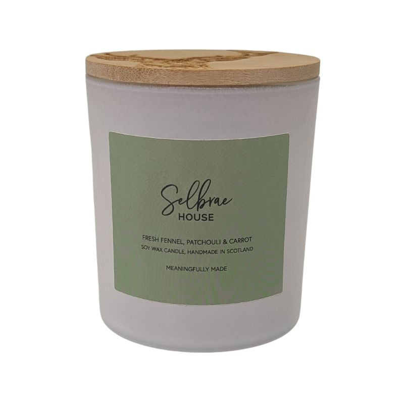 White Candle in Fresh Fennel, Patchouli & Carrot (Stag Prince) by Selbrae House