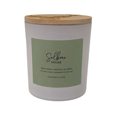 White Candle in Fresh Fennel, Patchouli & Carrot (Stag Prince) by Selbrae House