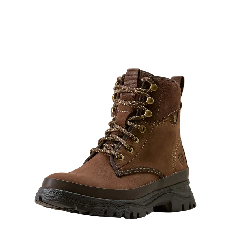 A brown suede and leather lace-up ankle boot with a rugged black sole and gold-tone eyelets, shown from a three-quarters angle on a white background.