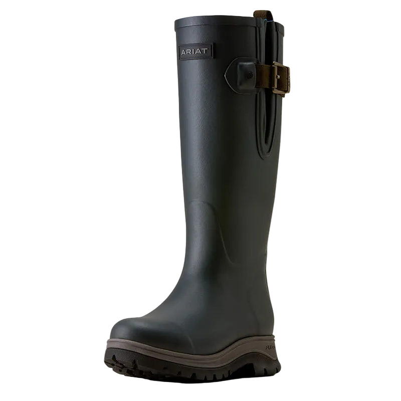 A single black Ariat mid-calf rain boot with a brown buckle strap on the back, shown against a plain off-white background.
