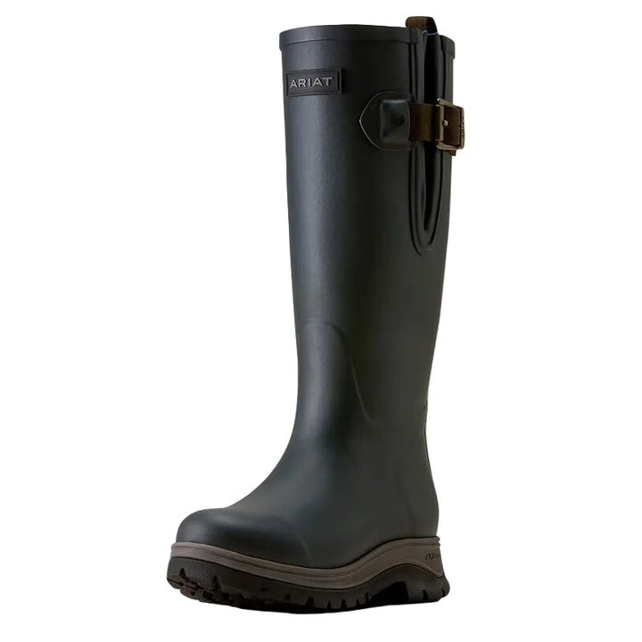 A single black Ariat mid-calf rain boot with a brown buckle strap on the back, shown against a plain off-white background.