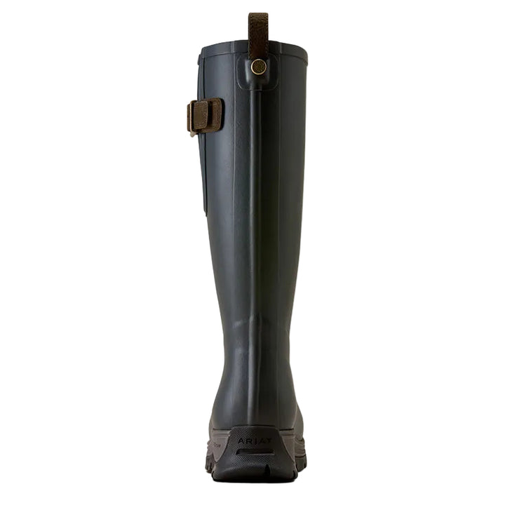 A single tall rain boot shown from the back, featuring a matte black rubber body with brown leather accents and a pull tab, set against a clean off-white background.