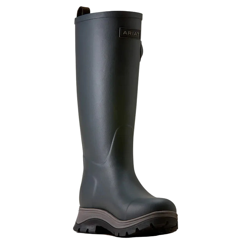 A single Ariat mid-calf rain boot in dark charcoal gray, shown from a side profile view against a plain white background.
