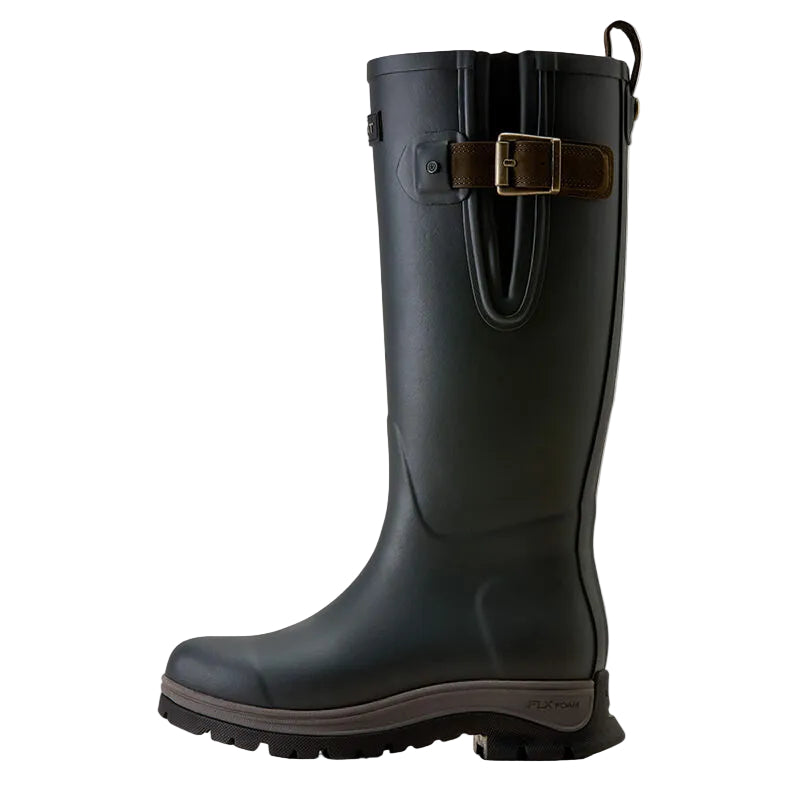 A single black rubber rain boot with a brown leather strap and gold buckle detail on the side, shown in profile against a light cream background.