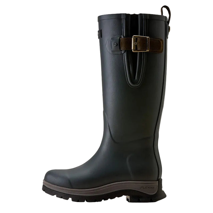 A single black rubber rain boot with a brown leather strap and gold buckle detail on the side, shown in profile against a light cream background.
