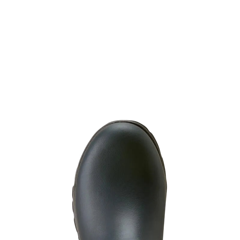 Close-up of the rounded toe of a black leather boot against a solid off-white background.