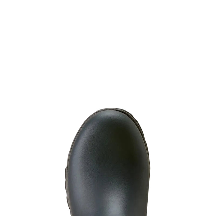 Close-up of the rounded toe of a black leather boot against a solid off-white background.