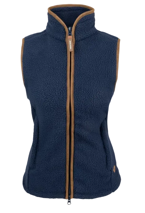 A sleeveless navy blue fleece vest with tan trim along the zipper and collar, shown against a plain off-white background.