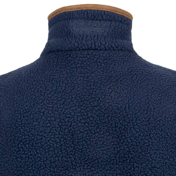 Close-up of the back of a navy blue fleece pullover jacket on a mannequin, showing a high collar with a tan inner lining and an embossed 'AGLEBUR FLECKLAND' logo.