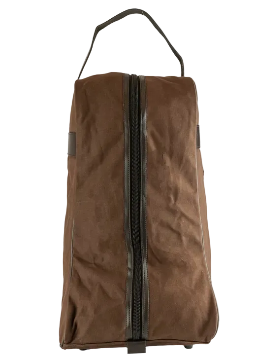 A brown canvas bag with a black zipper and black handle, shown against a plain off-white background.
