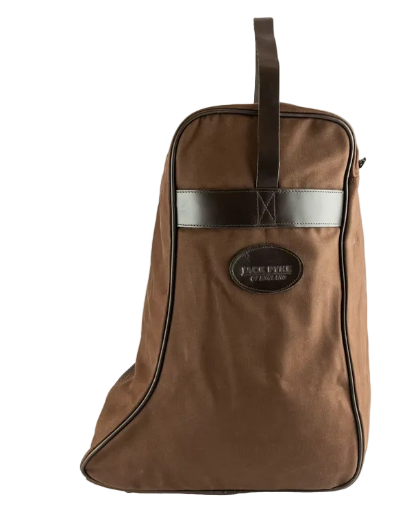 A brown waxed canvas shoe boot bag with dark brown leather trim, a top handle, and a central oval 'Jack of All Trades Q. England' logo patch, shown against a plain off-white background.