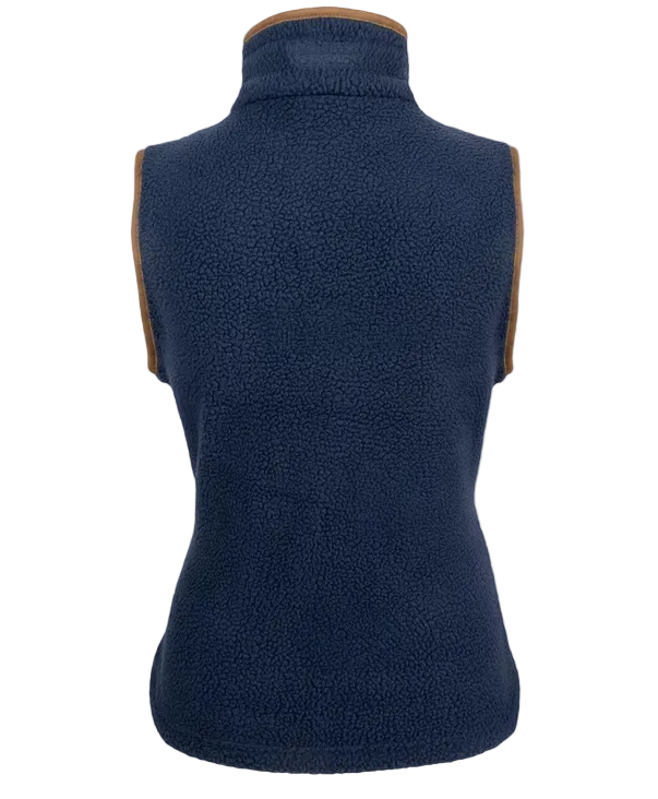A sleeveless fleece vest with a mock neck, shown from the back. The vest is navy blue with tan trim along the collar and armholes, displayed on a light off-white background.