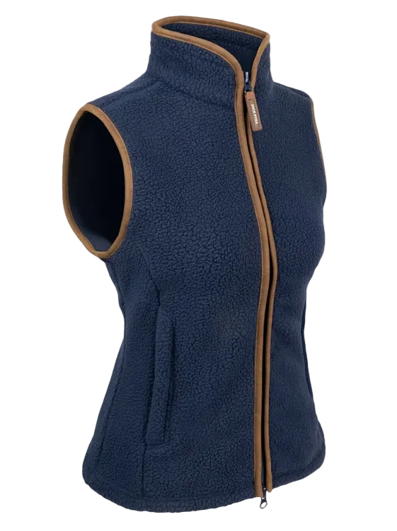 A sleeveless navy blue fleece vest with tan trim along the collar, armholes, and front zipper, shown on a plain light background.