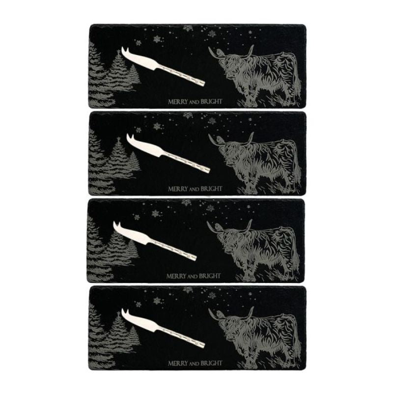 The Just S4 Mini Slate Cheese Board & Knife Sets - Christmas Highland Cow