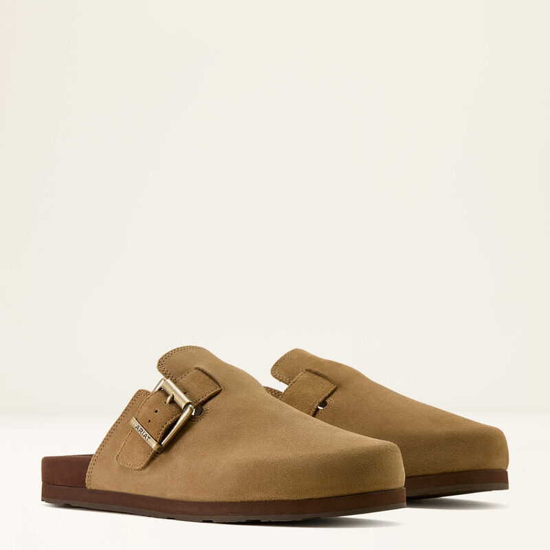 Ariat Men's Country Mule Tan Suede slip-on shoes, pair showing premium tan suede uppers, adjustable buckle detailing and durable brown soles.