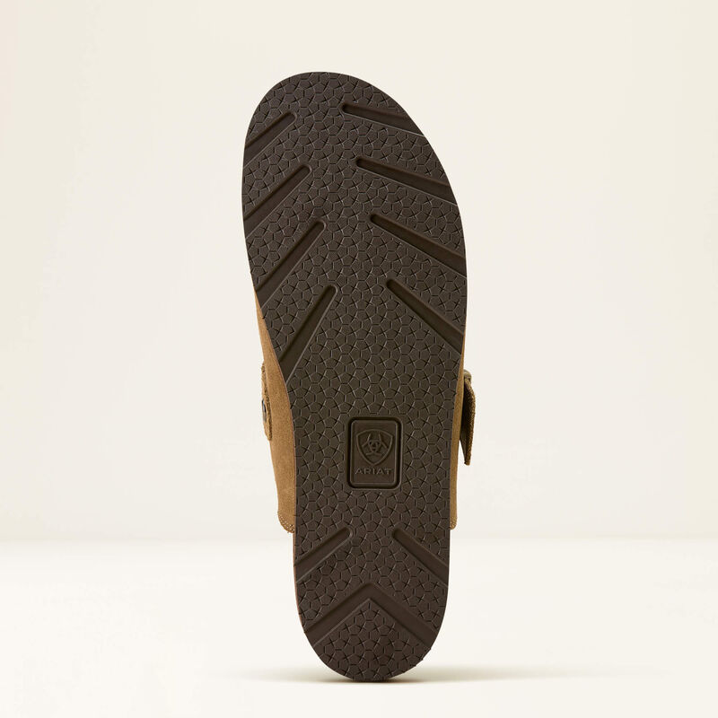 Ariat Men's Country Mule Tan Suede, underside view showing durable brown Duratread outsole with textured grip pattern and Ariat logo.