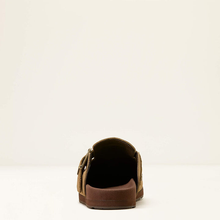 Ariat Men's Country Mule Tan Suede, rear view showing open-back slip-on design, brown cushioned heel footbed and suede upper.