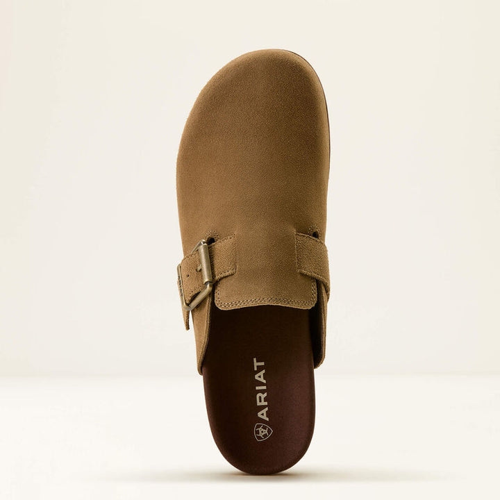 Ariat Men's Country Mule Tan Suede, top view showing rounded suede toe, metal buckle strap, open-back design and Ariat branded footbed.