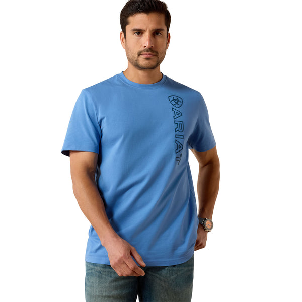 Man wearing a blue t-shirt with a logo on a white background