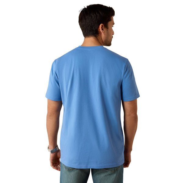 Man wearing a blue t-shirt on a white background