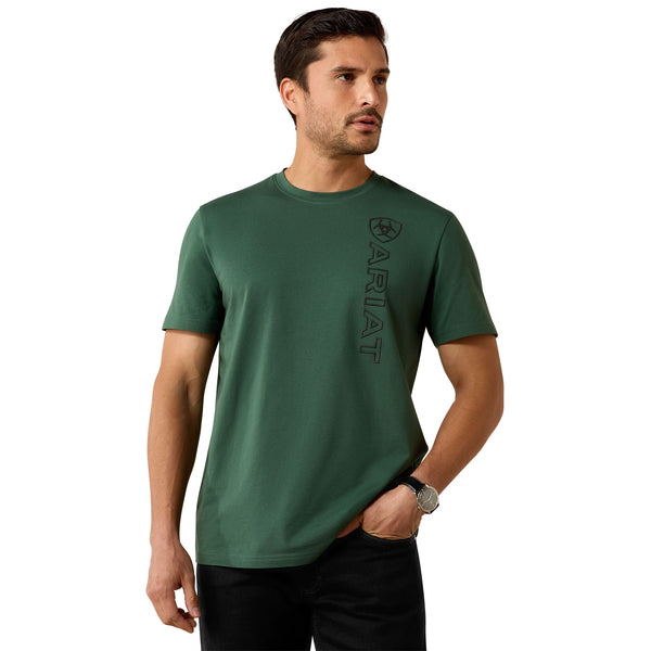Man wearing a green t-shirt with a brand logo on a white background