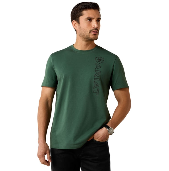 Ariat Men's Vertical Logo T-Shirt in Monstera green, front view worn by male model showing vertical Ariat chest graphic, crew neck and short sleeves.
