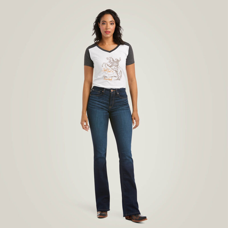 Ariat R.E.A.L. High Rise Ballary Boot Cut Jeans in Pennsylvania wash, full-length front view worn by female model showing high-rise waist, slim fit and bootcut legs.