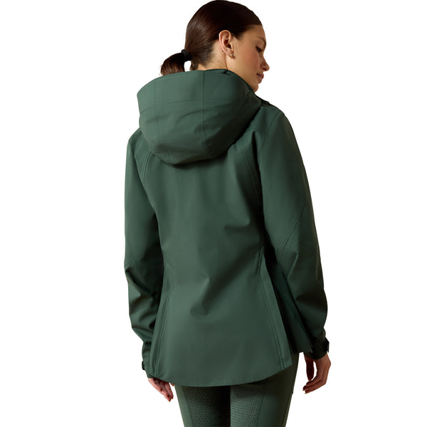 Person wearing a green raincoat on a white background