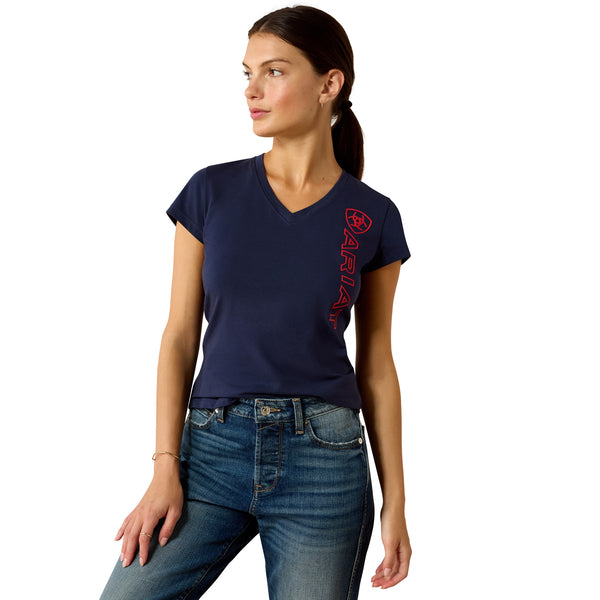 Woman wearing a navy blue t-shirt with a red logo on a white background
