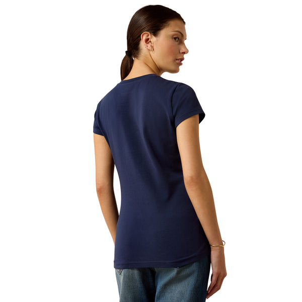 Woman wearing a navy blue t-shirt on a white background