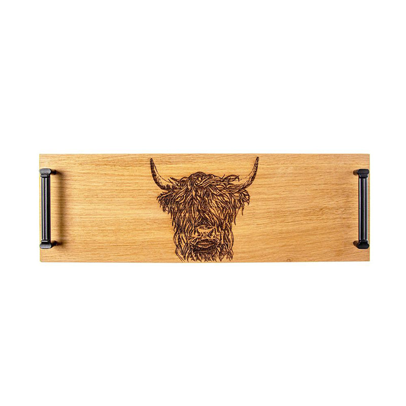 Highland Cow Oak Tray with Black Steel Handles by Scottish Made