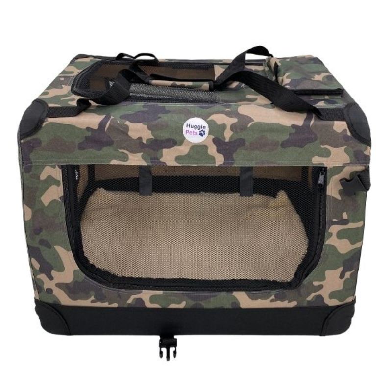 Camouflage pet carrier with a visible brand logo on a white background