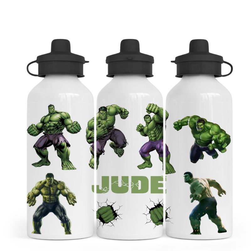 Three water bottles with Hulk illustrations on a white background