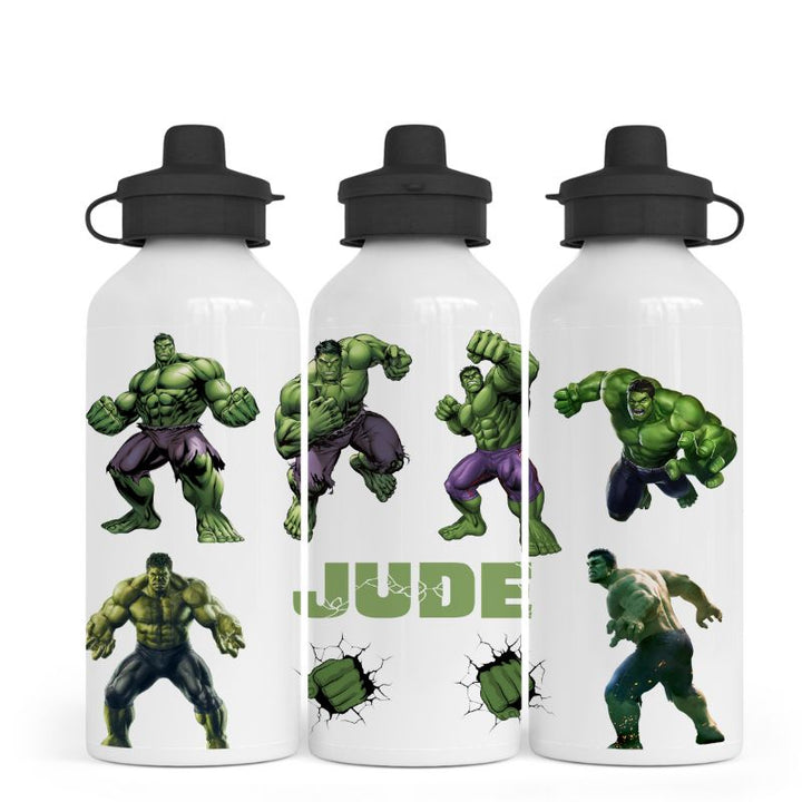 Three water bottles with Hulk illustrations on a white background