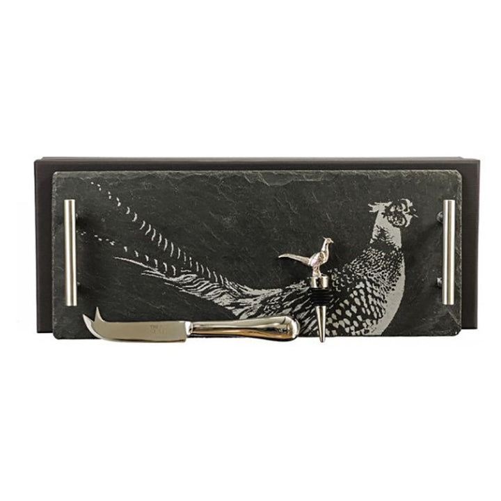 Pheasant Slate Tray, Cheese Knife & Pheasant Wine Bottle Stopper Gift Set