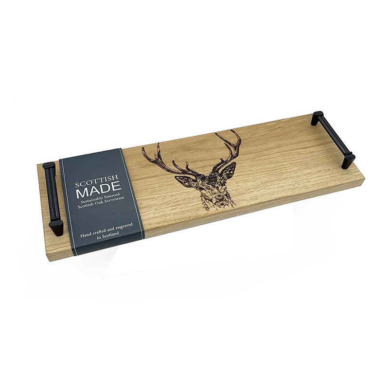 Stag Prince Oak Tray with Black Steel Handles by Scottish Made Package