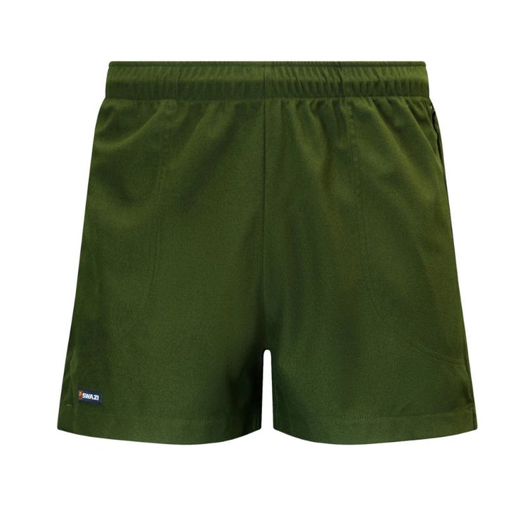 Olive green athletic shorts with an elastic waistband and a small blue and white FILA logo on the lower left hem, shown against a plain white background.