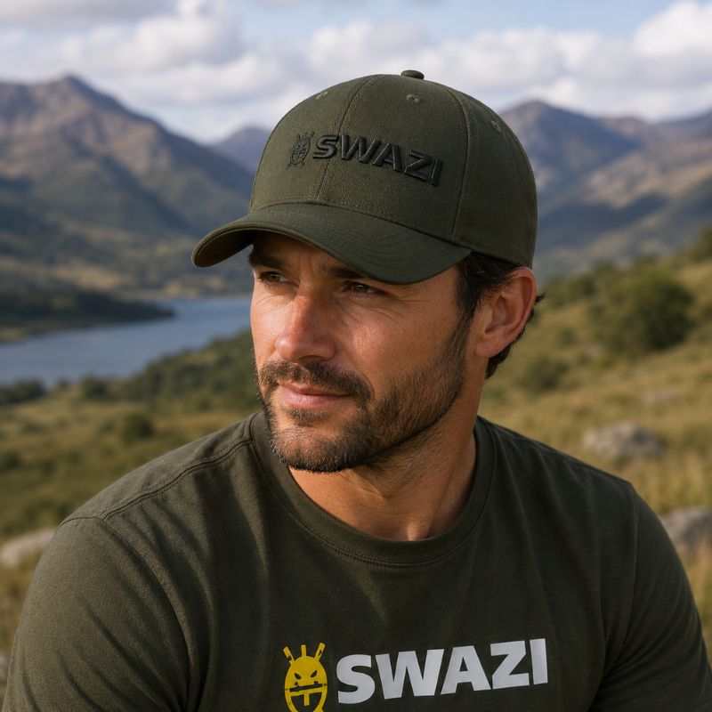 Man wearing a green 'SWAZI' cap and shirt in a mountainous landscape