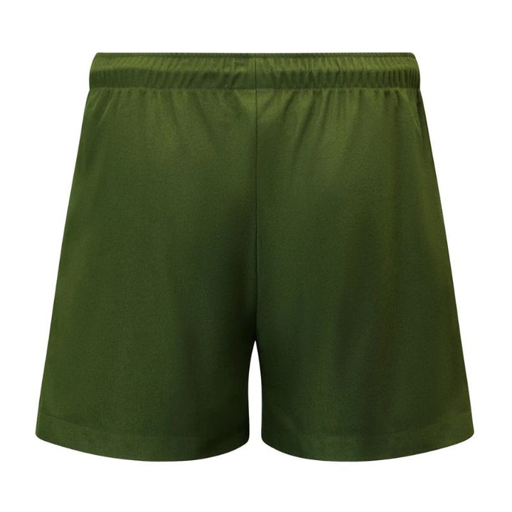Olive green athletic shorts with an elastic waistband, shown against a plain white background.