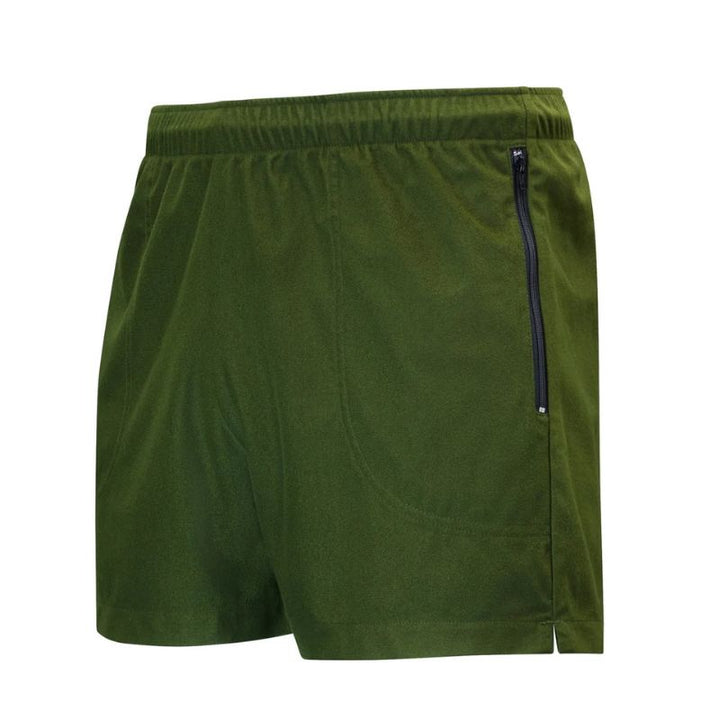Olive green athletic shorts with an elastic waistband and a black zipper pocket on the side, shown against a plain white background.