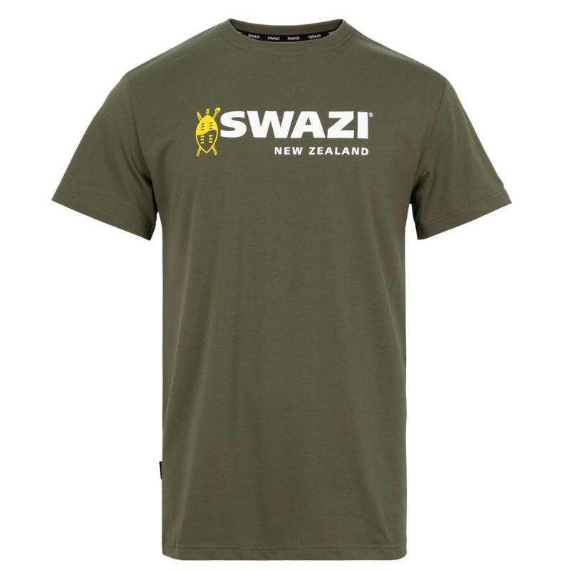Green t-shirt with 'SWAZI New Zealand' logo on a white background