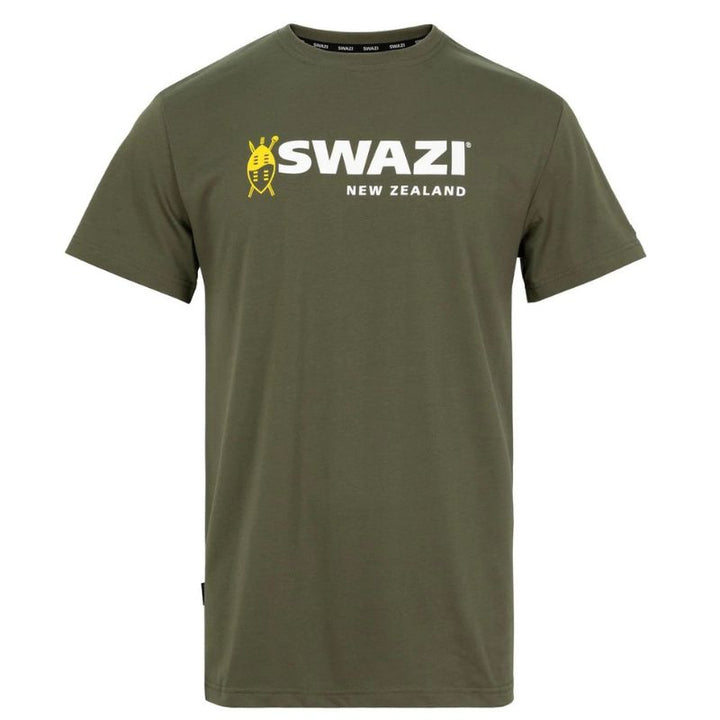 Green t-shirt with 'SWAZI New Zealand' logo on a white background