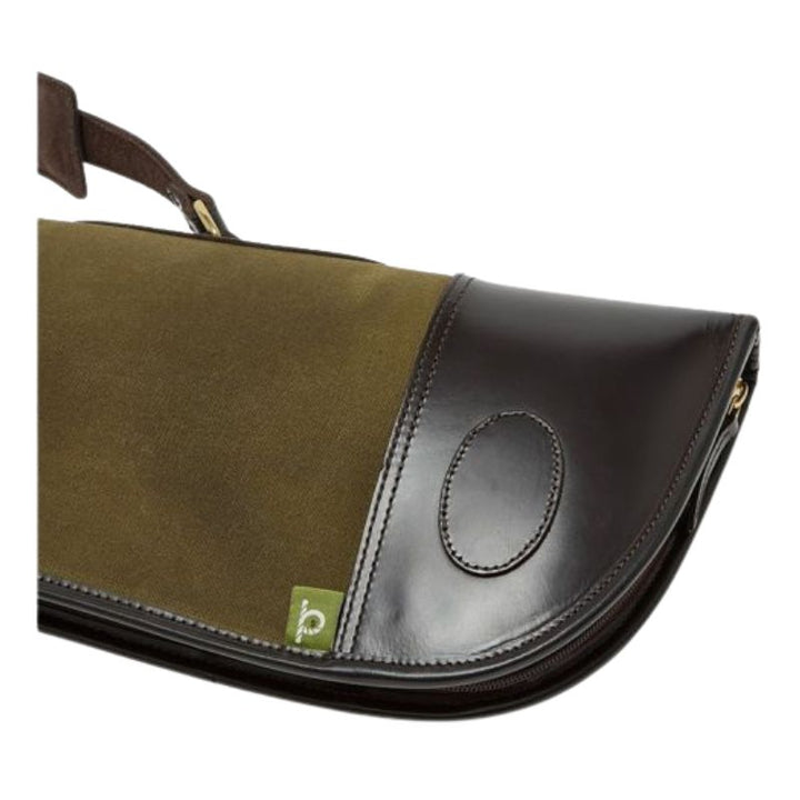 Brown leather and olive green fabric bag with a visible brand logo on a white background