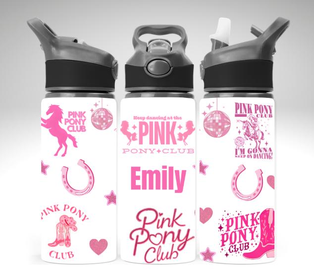 Personalised Pink Pony Water Bottle 650ml, Custom Name Cowgirl Bottle