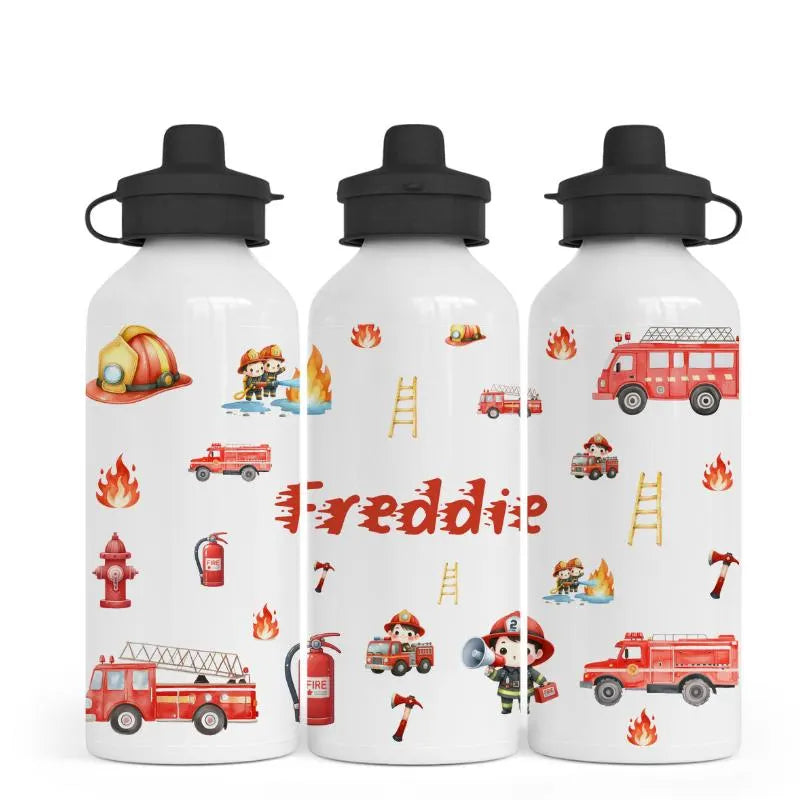 Personalised Fire Truck Water Bottle 500ml, Kids Firefighter Bottle, Custom Name Drink Bottle, Fire Engine Theme Gift