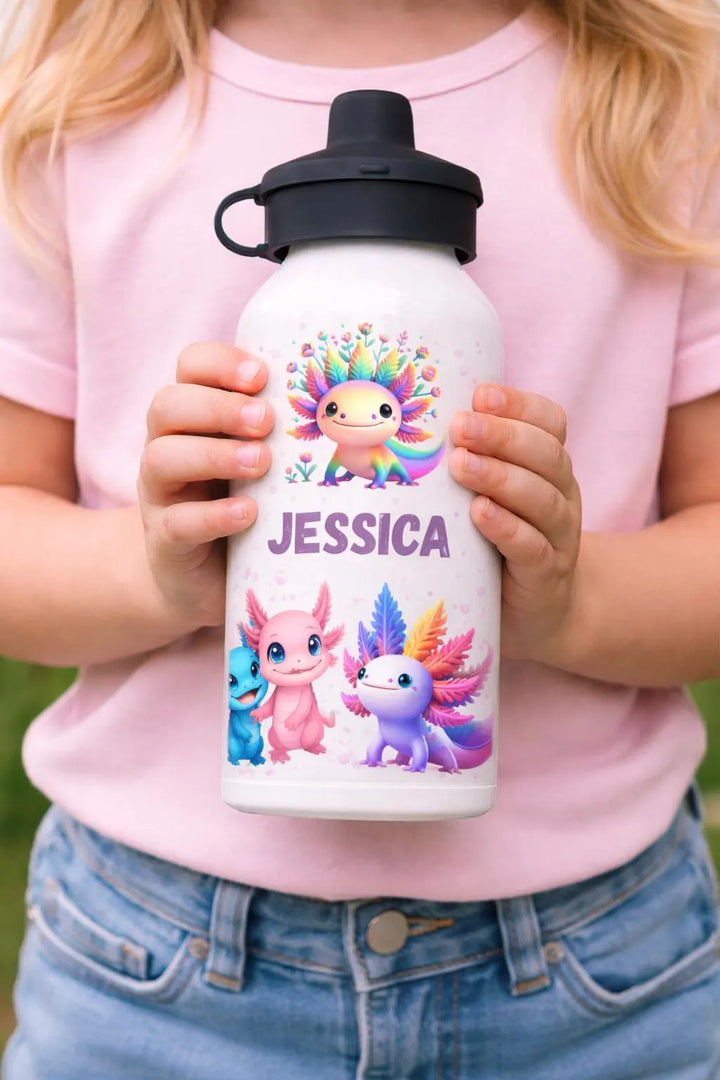 Personalised Axolotl Water Bottle 500ml, Cute Axolotl Kids Bottle, Custom Name Drink Bottle, School Water Bottle, Animal Gift for Kids